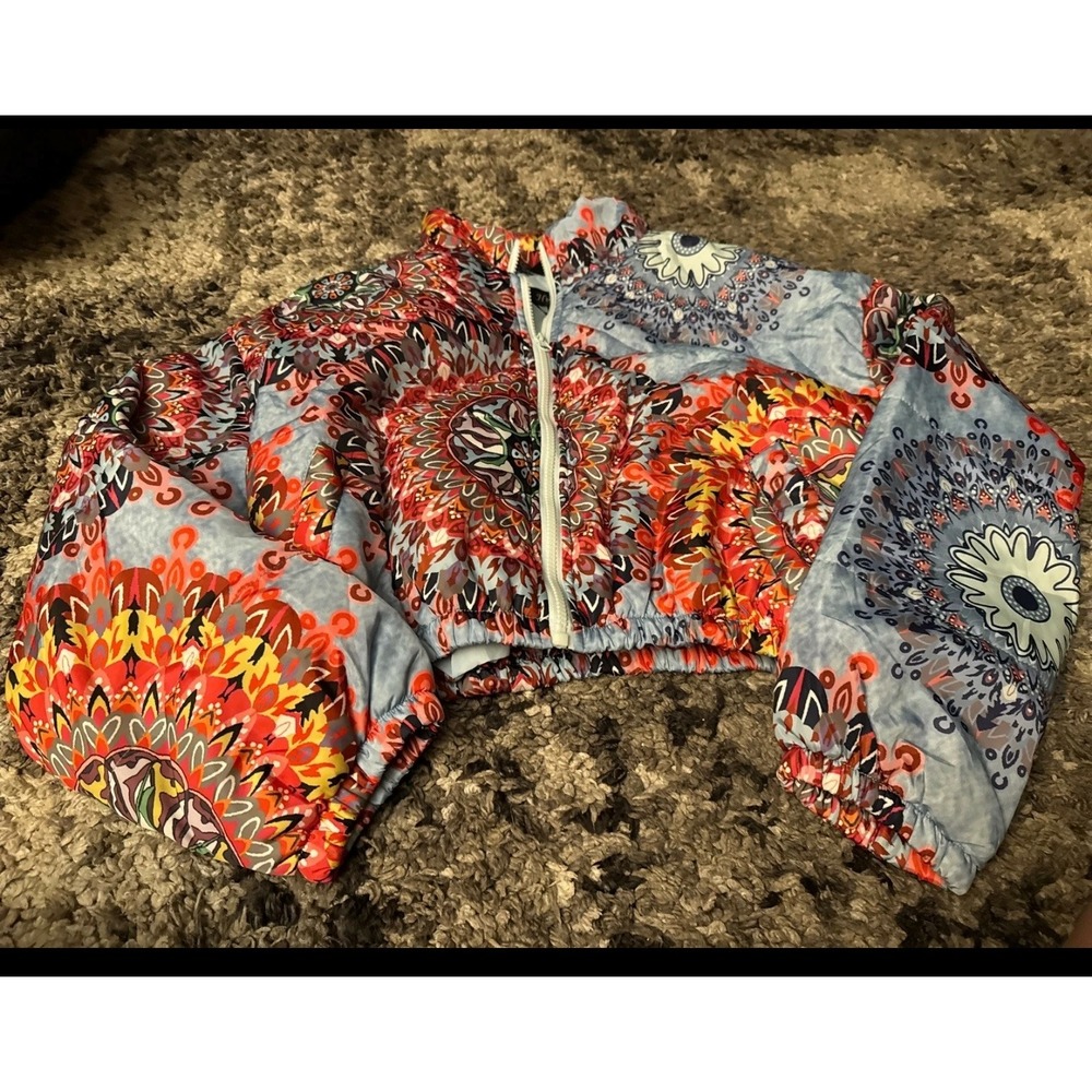 Womens Mandala Print Cropped Puffer Jacket Multi Color Boho Zip Up M - Picture 3 of 3